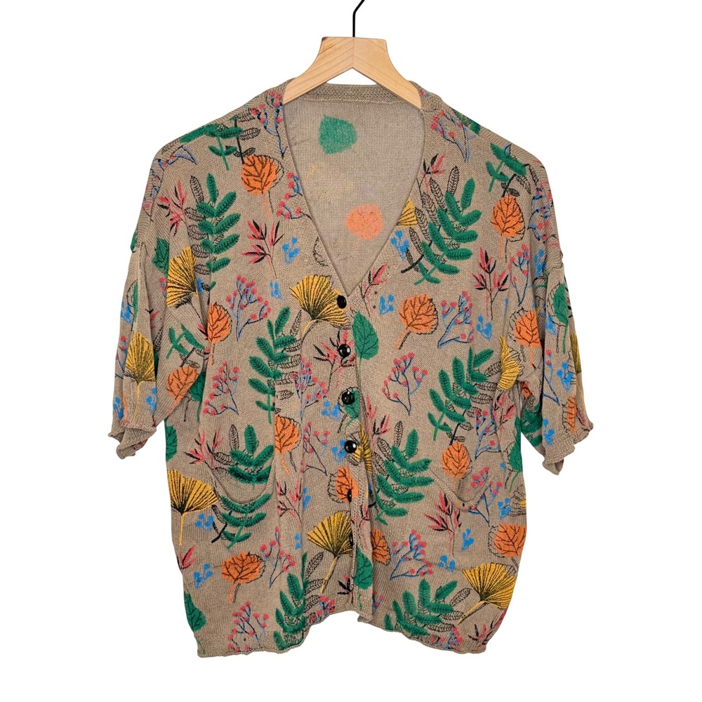 Botanical Knit Cardigan Women M/L woodland Fairy Cottagecore Boho Layering fall